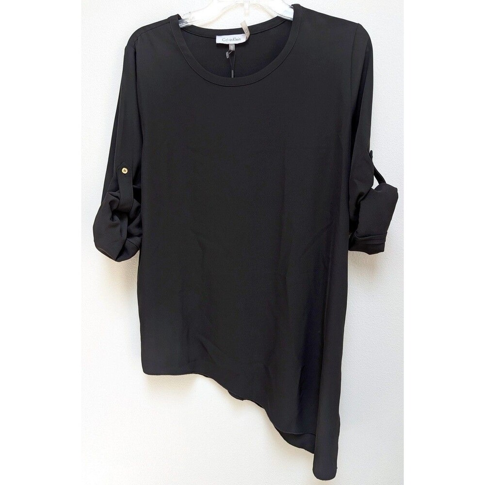 Calvin Klein Womens Blouse Top Black Pull On Round Nek Roll Tab Sleeve Sz M